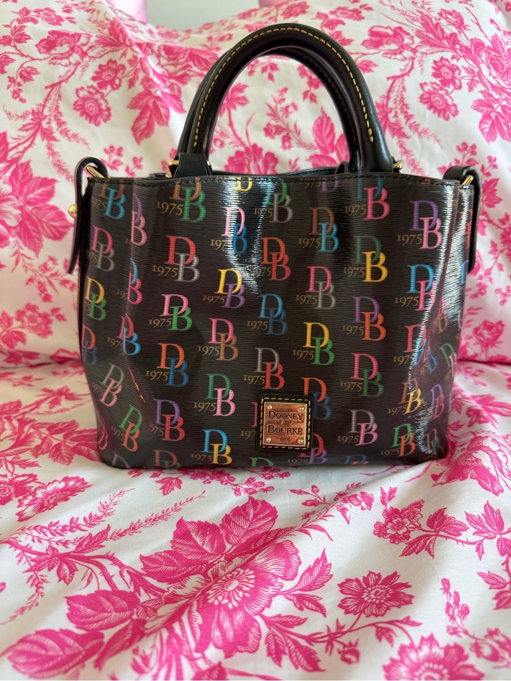 Dooney & Bourke Black Satchel with Multicolor DB Logo Print